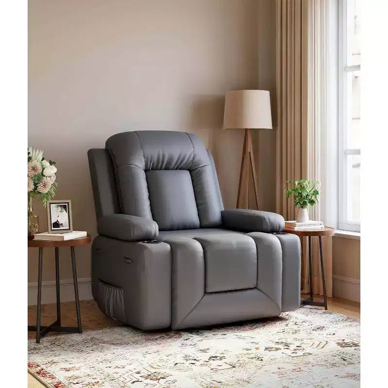 Fauteuil inclinable électrique surdimensionné avec chauffage et massage - Fauteuil inclinable en similicuir, rangement intégré et porte-gobelets
