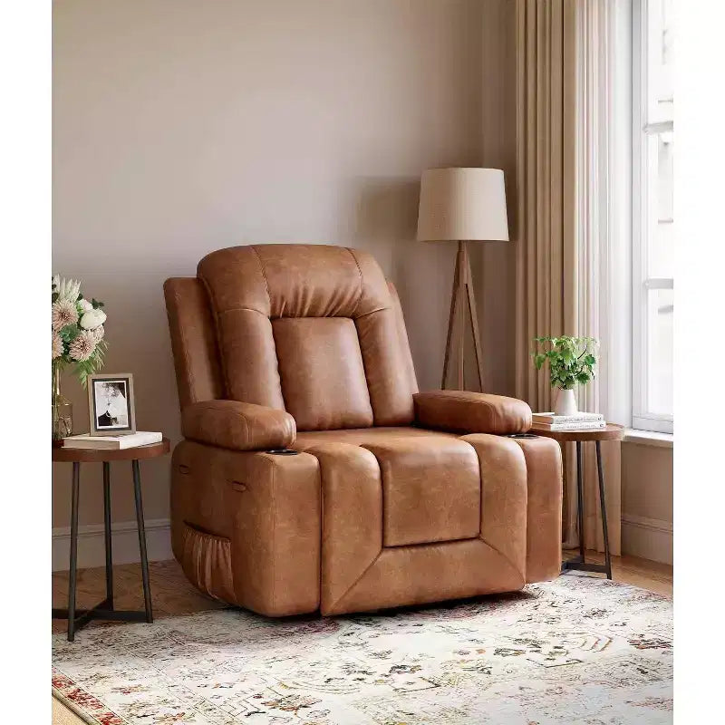 Oversized Power Lift Recliner Chair with Heat & Massage - Faux Leather Recliner, Built-In Storage & Cup Holders