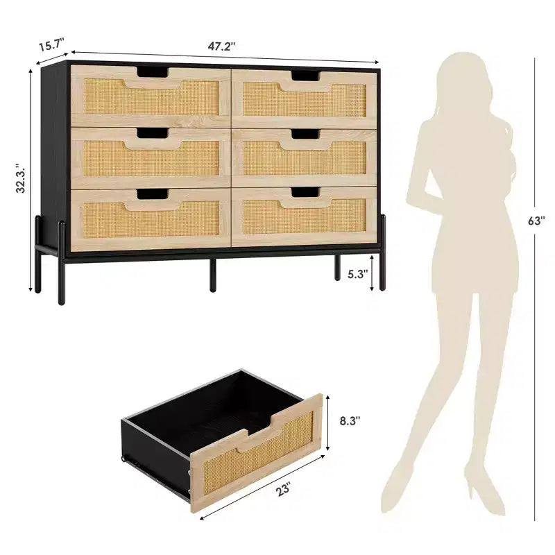 Commode haute à 6 tiroirs pour chambre à coucher, organisateur de rangement en rotin pour placard, salon, couloir, entrée
