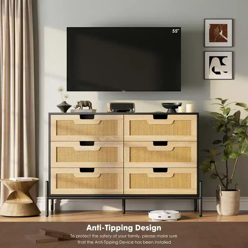 Commode haute à 6 tiroirs pour chambre à coucher, organisateur de rangement en rotin pour placard, salon, couloir, entrée