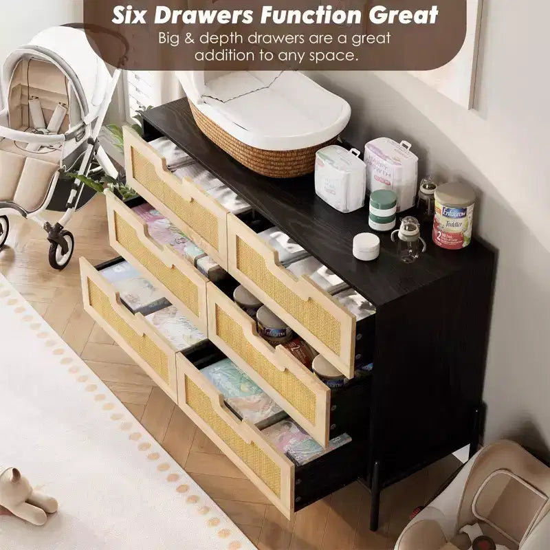 Commode haute à 6 tiroirs pour chambre à coucher, organisateur de rangement en rotin pour placard, salon, couloir, entrée