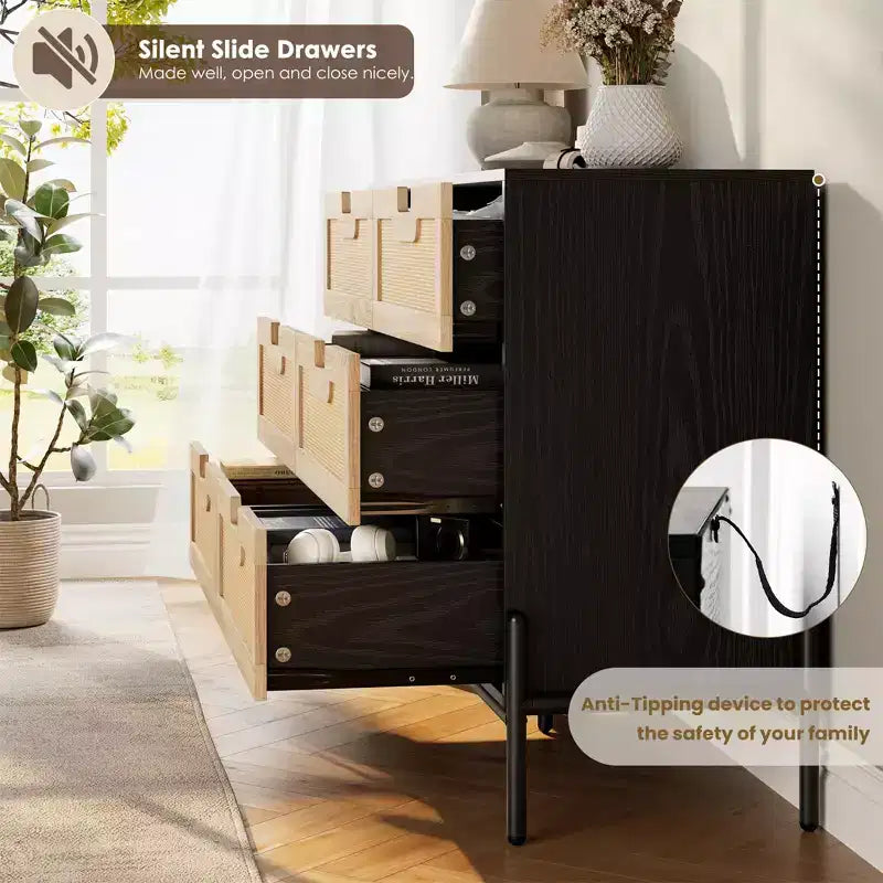 Commode haute à 6 tiroirs pour chambre à coucher, organisateur de rangement en rotin pour placard, salon, couloir, entrée