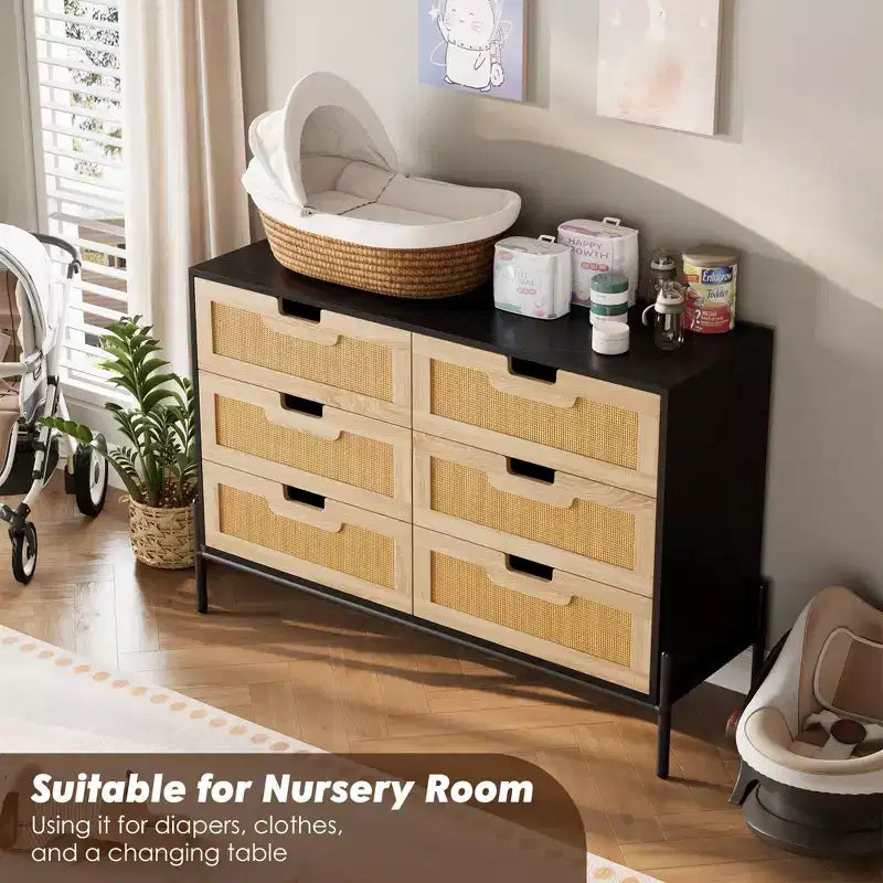 Commode haute à 6 tiroirs pour chambre à coucher, organisateur de rangement en rotin pour placard, salon, couloir, entrée