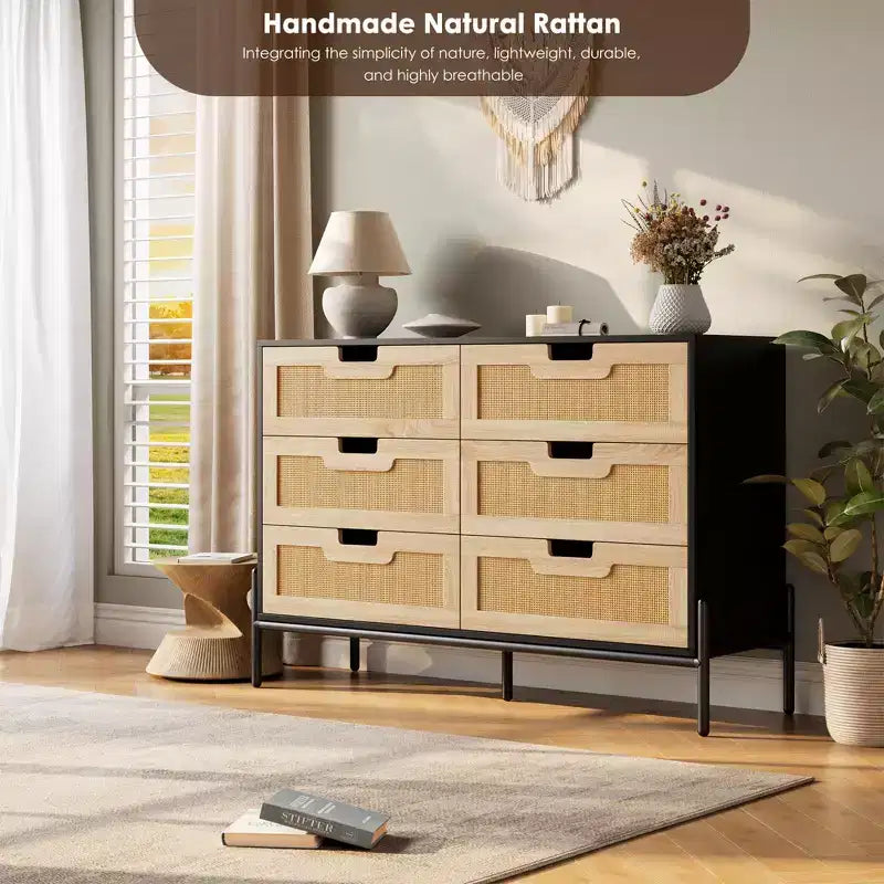 Commode haute à 6 tiroirs pour chambre à coucher, organisateur de rangement en rotin pour placard, salon, couloir, entrée