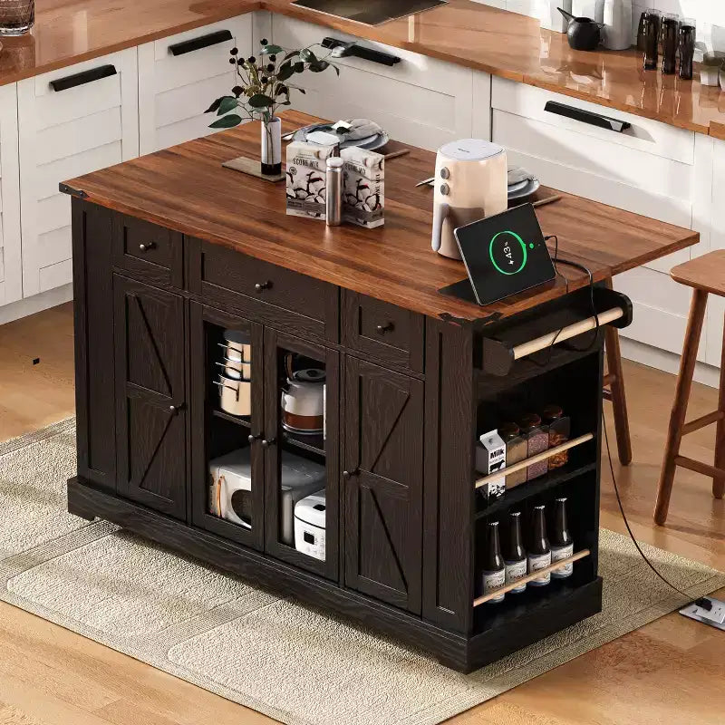 53 Farmhouse Kitchen Island with Power Outlet, Drop Leaf & Wheels - Black Rolling Cart with Glass Doors, 3 Drawers & 5 Racks