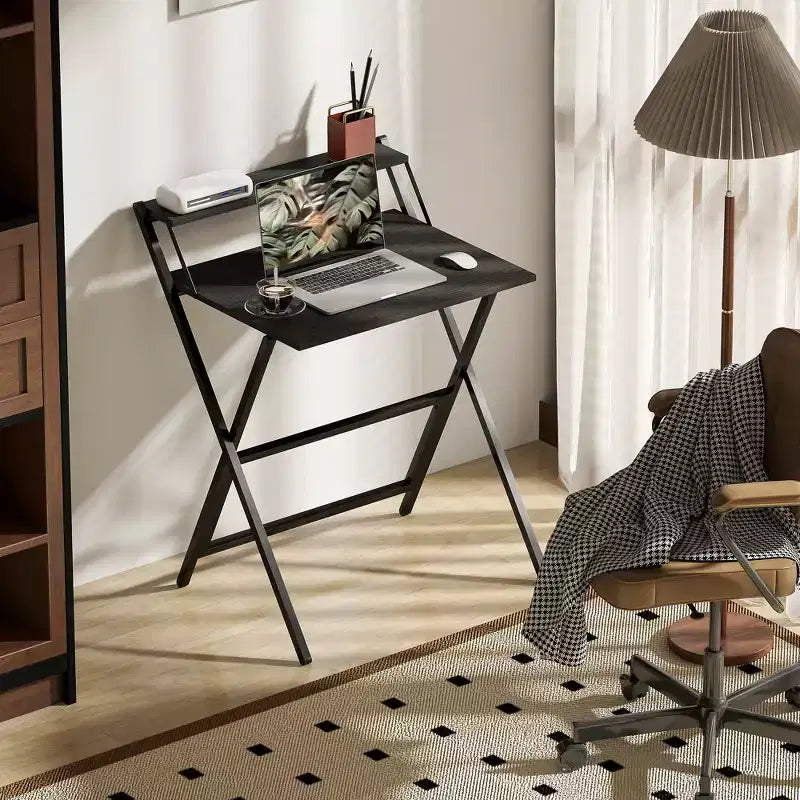 Petit bureau pliant, bureau d'ordinateur pliable avec étagère pour moniteur, table d'écriture pour petits espaces, bureau à domicile, étude, assemblage facile