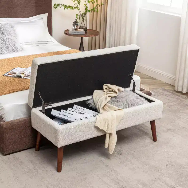 Banc de rangement 43,3 po de largeur pour chambre à coucher, banc de bout de lit, ottoman d'entrée avec pieds en bois massif, revêtement en lin/similicuir, capacité de 300 lb