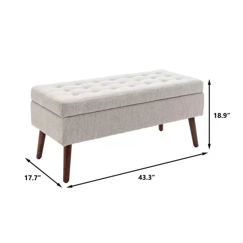 Banc de rangement 43,3 po de largeur pour chambre à coucher, banc de bout de lit, ottoman d'entrée avec pieds en bois massif, revêtement en lin/similicuir, capacité de 300 lb