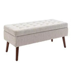 Banc de rangement 43,3 po de largeur pour chambre à coucher, banc de bout de lit, ottoman d'entrée avec pieds en bois massif, revêtement en lin/similicuir, capacité de 300 lb