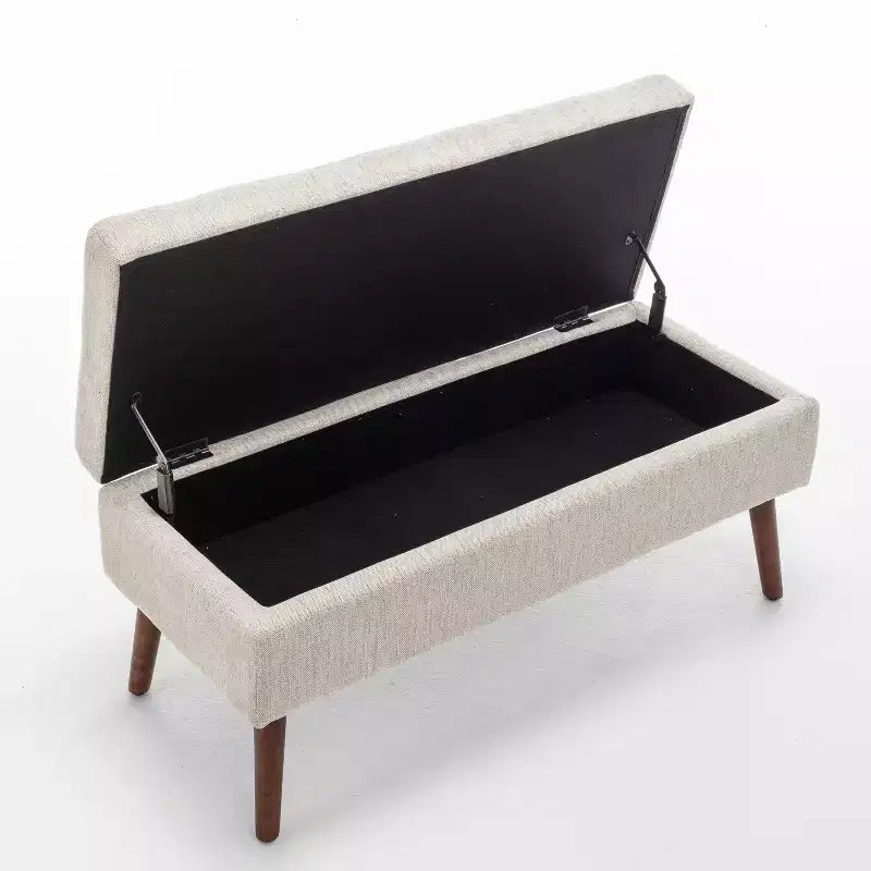 Banc de rangement 43,3 po de largeur pour chambre à coucher, banc de bout de lit, ottoman d'entrée avec pieds en bois massif, revêtement en lin/similicuir, capacité de 300 lb