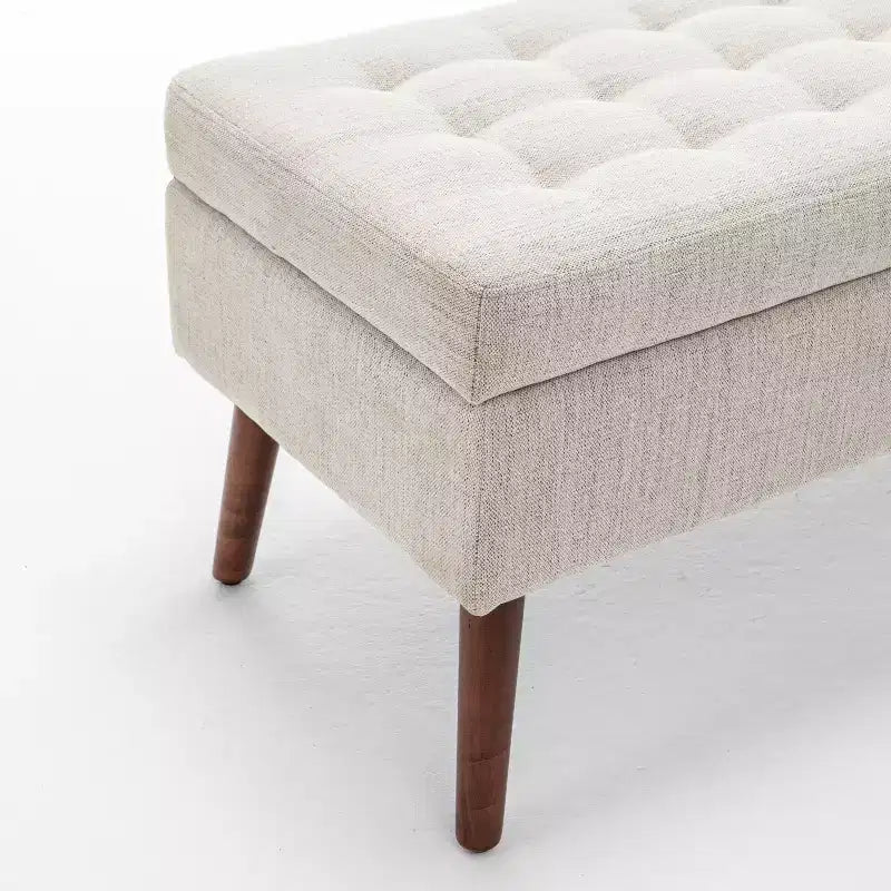 Banc de rangement 43,3 po de largeur pour chambre à coucher, banc de bout de lit, ottoman d'entrée avec pieds en bois massif, revêtement en lin/similicuir, capacité de 300 lb