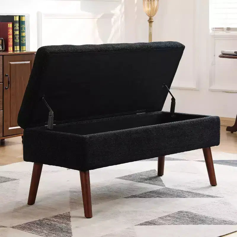 Banc de rangement 43,3 po de largeur pour chambre à coucher, banc de bout de lit, ottoman d'entrée avec pieds en bois massif, revêtement en lin/similicuir, capacité de 300 lb