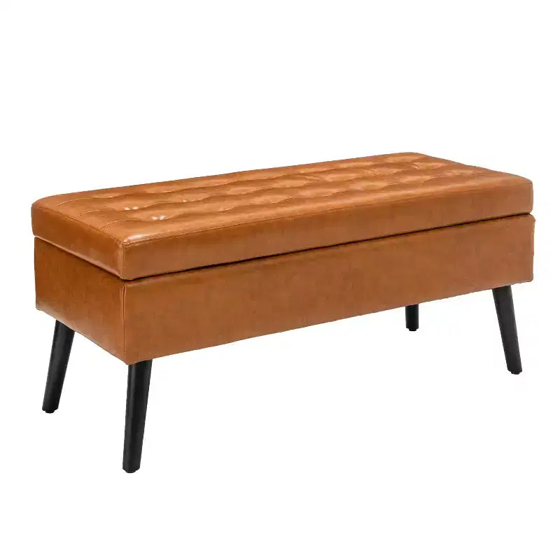 Banc de rangement 43,3 po de largeur pour chambre à coucher, banc de bout de lit, ottoman d'entrée avec pieds en bois massif, revêtement en lin/similicuir, capacité de 300 lb