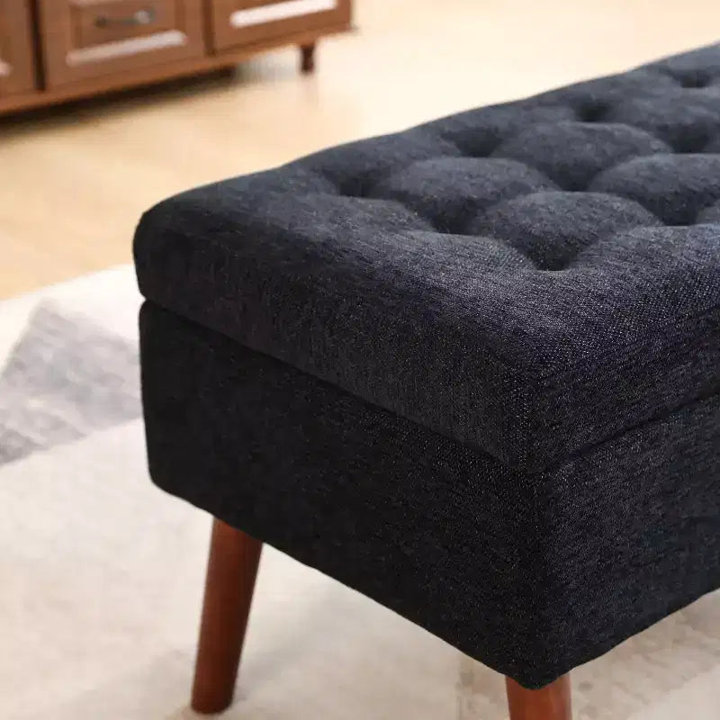 Banc de rangement 43,3 po de largeur pour chambre à coucher, banc de bout de lit, ottoman d'entrée avec pieds en bois massif, revêtement en lin/similicuir, capacité de 300 lb