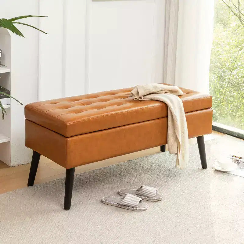 Banc de rangement 43,3 po de largeur pour chambre à coucher, banc de bout de lit, ottoman d'entrée avec pieds en bois massif, revêtement en lin/similicuir, capacité de 300 lb