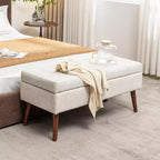 Banc de rangement 43,3 po de largeur pour chambre à coucher, banc de bout de lit, ottoman d'entrée avec pieds en bois massif, revêtement en lin/similicuir, capacité de 300 lb