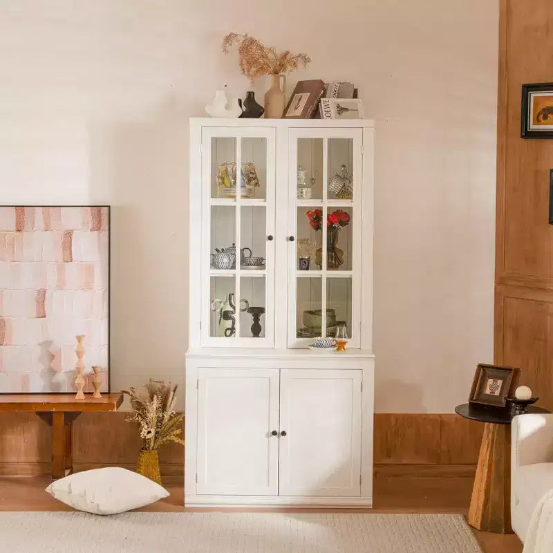 36W Display Cabinet Storage Cabinet Hutch Cabinet Accent Cabinet with 2 Glass Doors & 2 Adjustable Shelves, White-