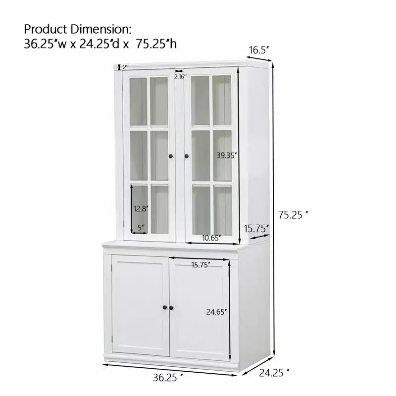 Meuble Vitrine 36 pouces de large avec 2 Portes Vitrées et 2 Étagères Réglables, Blanc