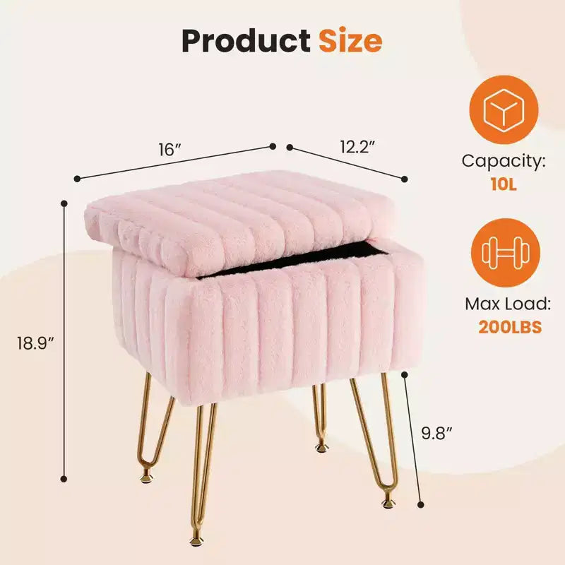 Tabouret de Coiffeuse avec Rangement, Pouf en Fausse Fourrure Doux Rembourré, Repose-Pieds de Maquillage avec 4 Pieds Métalliques, Pieds Réglables Antidérapants, Moderne