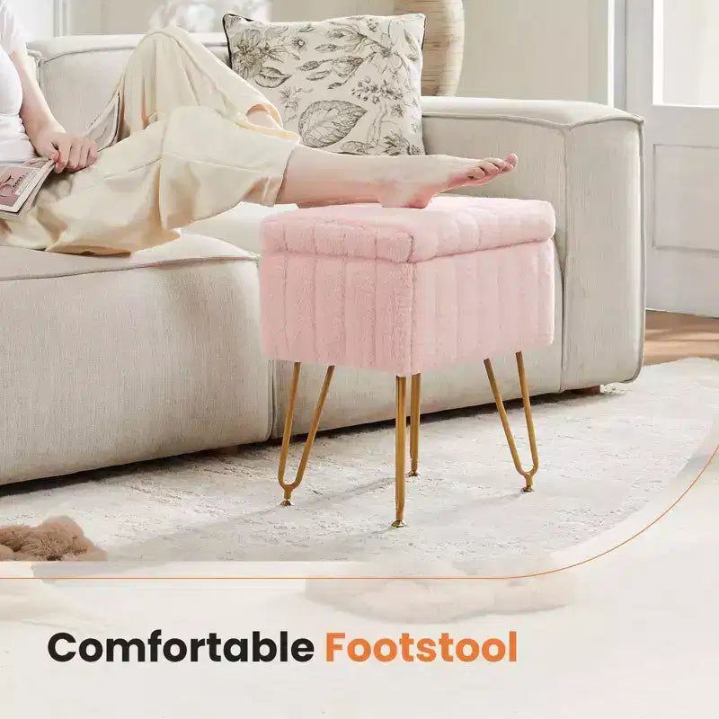 Tabouret de Coiffeuse avec Rangement, Pouf en Fausse Fourrure Doux Rembourré, Repose-Pieds de Maquillage avec 4 Pieds Métalliques, Pieds Réglables Antidérapants, Moderne