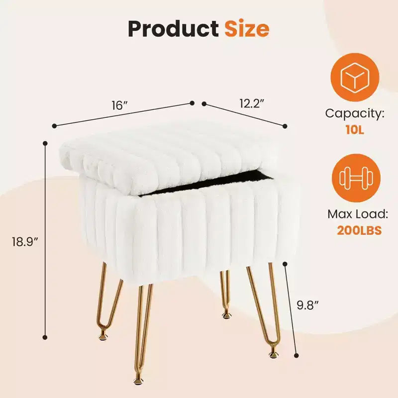 Tabouret de Coiffeuse avec Rangement, Pouf en Fausse Fourrure Doux Rembourré, Repose-Pieds de Maquillage avec 4 Pieds Métalliques, Pieds Réglables Antidérapants, Moderne