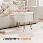 Tabouret de Coiffeuse avec Rangement, Pouf en Fausse Fourrure Doux Rembourré, Repose-Pieds de Maquillage avec 4 Pieds Métalliques, Pieds Réglables Antidérapants, Moderne