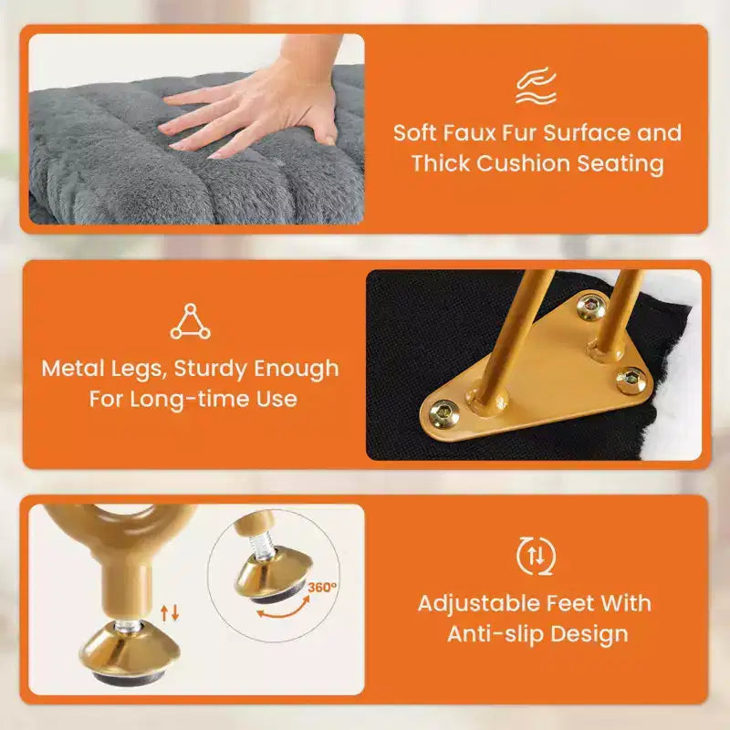 Tabouret de Coiffeuse avec Rangement, Pouf en Fausse Fourrure Doux Rembourré, Repose-Pieds de Maquillage avec 4 Pieds Métalliques, Pieds Réglables Antidérapants, Moderne