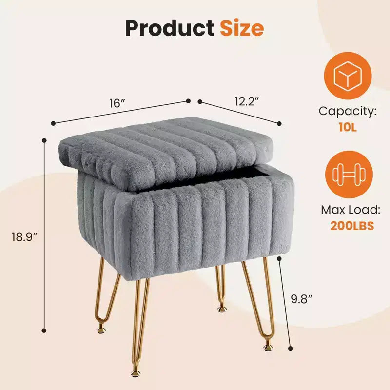 Tabouret de Coiffeuse avec Rangement, Pouf en Fausse Fourrure Doux Rembourré, Repose-Pieds de Maquillage avec 4 Pieds Métalliques, Pieds Réglables Antidérapants, Moderne