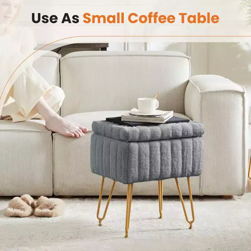 Tabouret de Coiffeuse avec Rangement, Pouf en Fausse Fourrure Doux Rembourré, Repose-Pieds de Maquillage avec 4 Pieds Métalliques, Pieds Réglables Antidérapants, Moderne