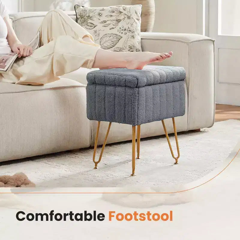 Tabouret de Coiffeuse avec Rangement, Pouf en Fausse Fourrure Doux Rembourré, Repose-Pieds de Maquillage avec 4 Pieds Métalliques, Pieds Réglables Antidérapants, Moderne