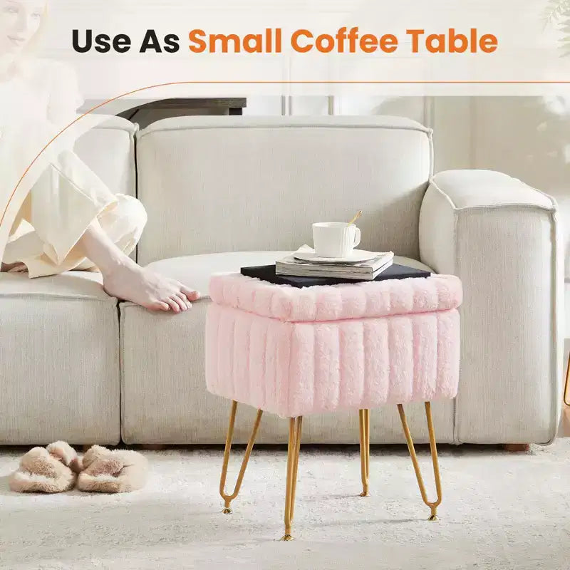 Tabouret de Coiffeuse avec Rangement, Pouf en Fausse Fourrure Doux Rembourré, Repose-Pieds de Maquillage avec 4 Pieds Métalliques, Pieds Réglables Antidérapants, Moderne