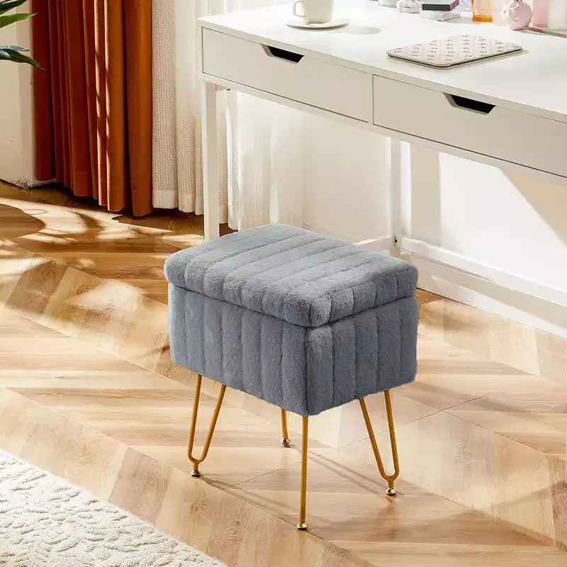 Tabouret de Coiffeuse avec Rangement, Pouf en Fausse Fourrure Doux Rembourré, Repose-Pieds de Maquillage avec 4 Pieds Métalliques, Pieds Réglables Antidérapants, Moderne