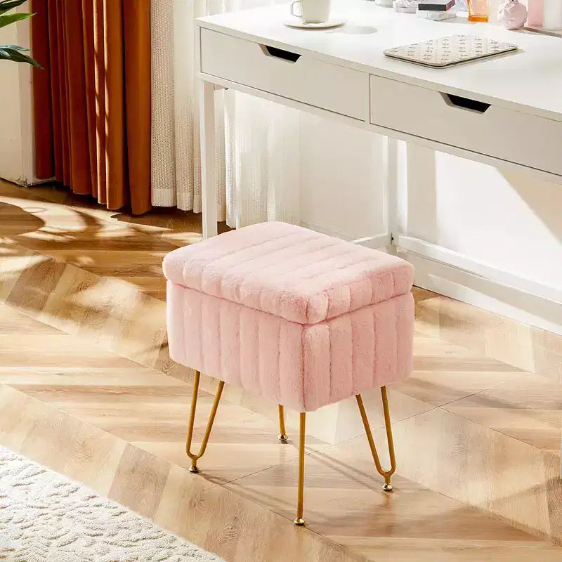 Vanity Stool Chair with Storage, Ottoman Faux Fur Soft Padded Makeup Footstools Seat with 4 Metal Legs Anti-Slip Adjustable Feet Modern