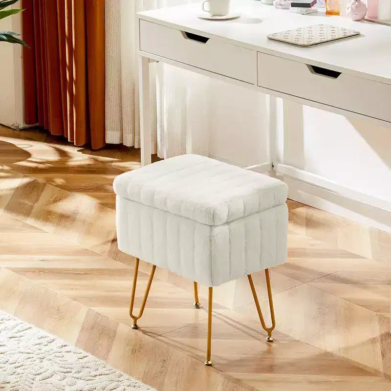 Tabouret de Coiffeuse avec Rangement, Pouf en Fausse Fourrure Doux Rembourré, Repose-Pieds de Maquillage avec 4 Pieds Métalliques, Pieds Réglables Antidérapants, Moderne