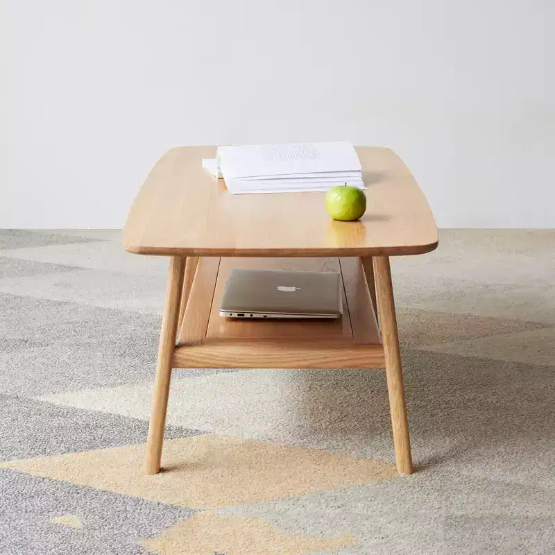Table basse rectangulaire moderne en chêne massif avec étagère de rangement
