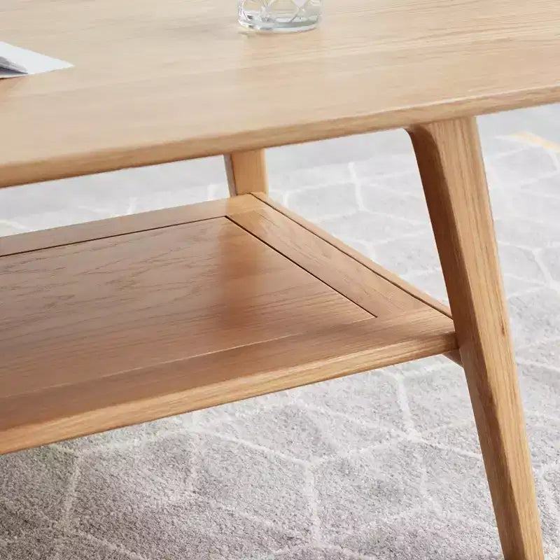 Table basse rectangulaire moderne en chêne massif avec étagère de rangement