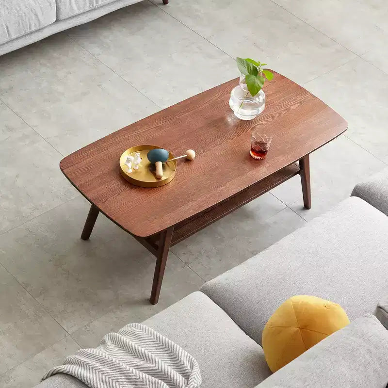 Table basse rectangulaire moderne en chêne massif avec étagère de rangement