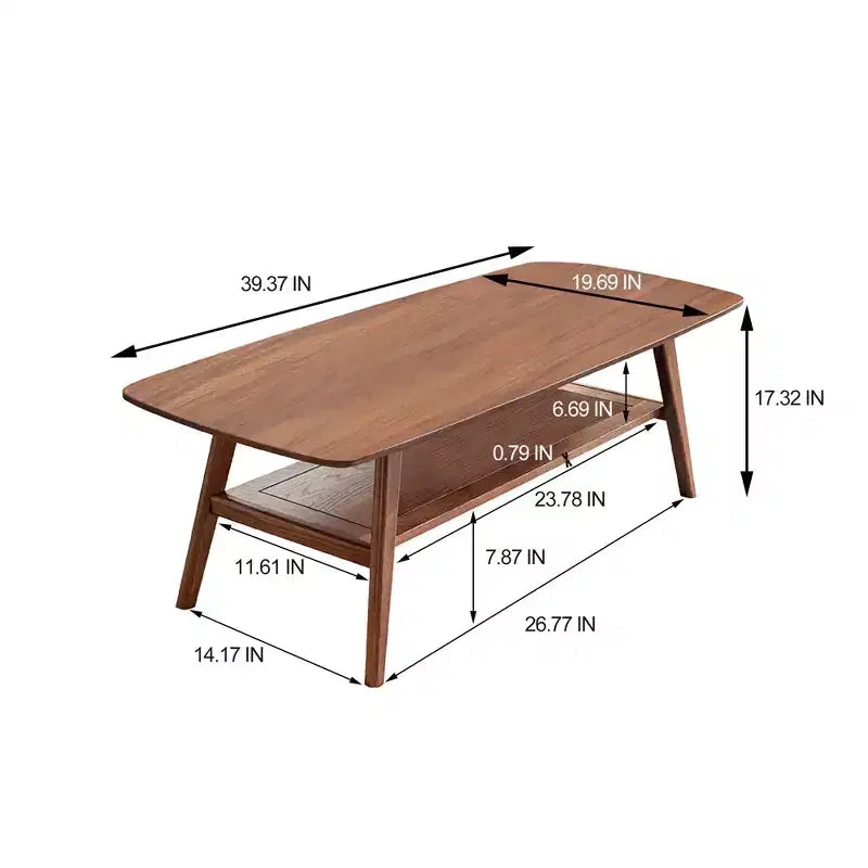 Table basse rectangulaire moderne en chêne massif avec étagère de rangement
