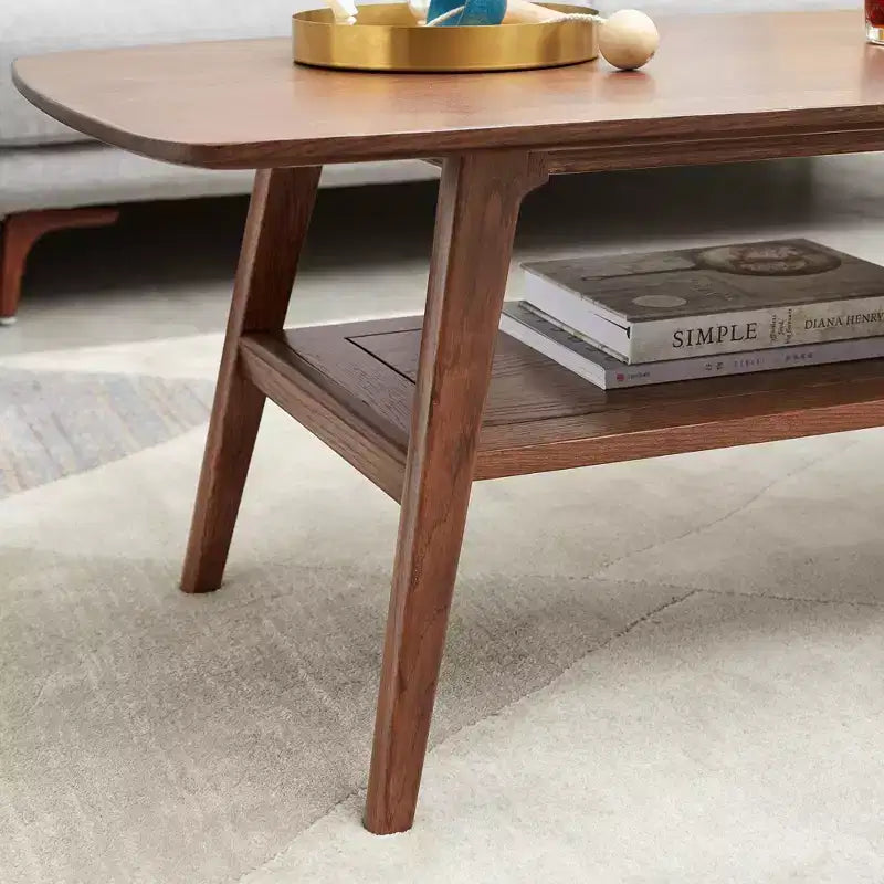 Table basse rectangulaire moderne en chêne massif avec étagère de rangement
