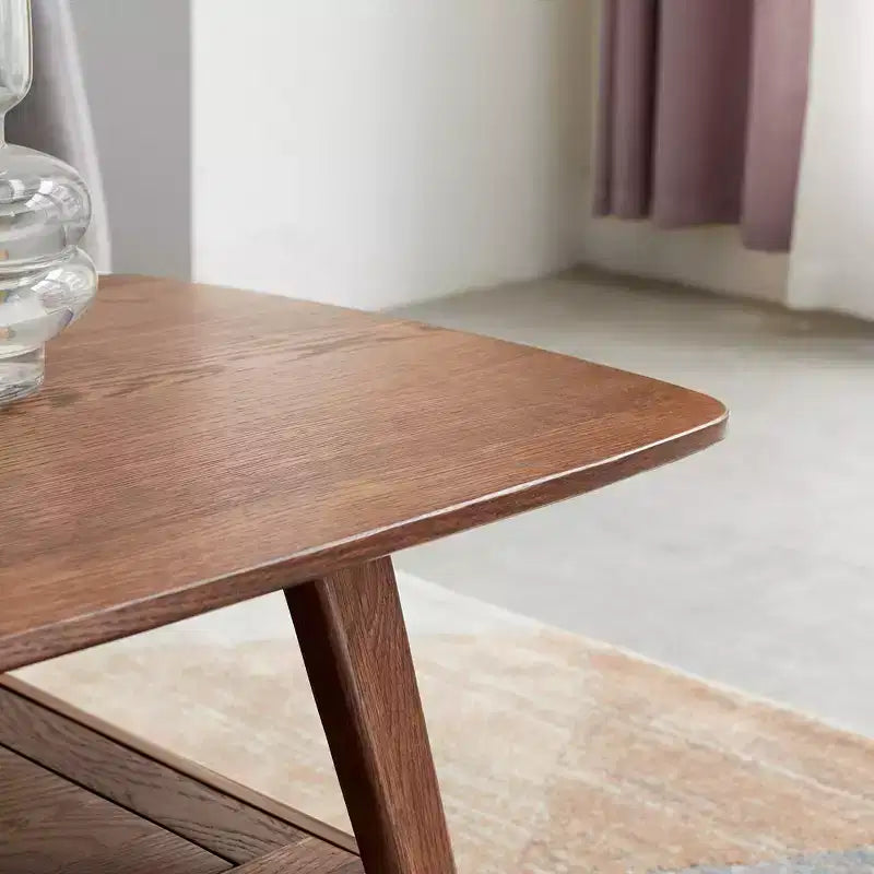 Table basse rectangulaire moderne en chêne massif avec étagère de rangement