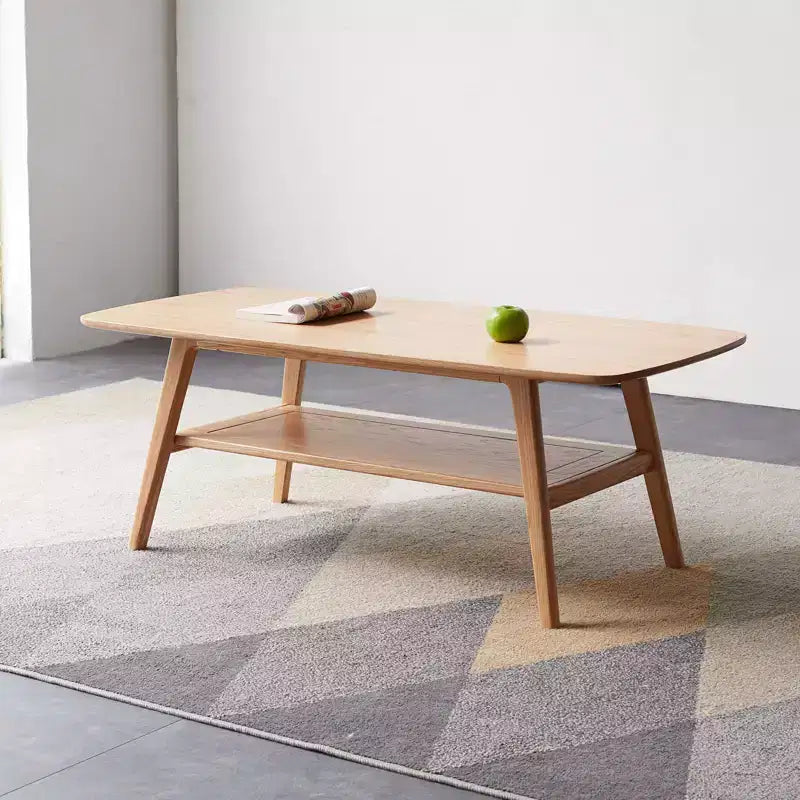 Table basse rectangulaire moderne en chêne massif avec étagère de rangement