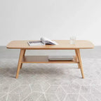 Table basse rectangulaire moderne en chêne massif avec étagère de rangement