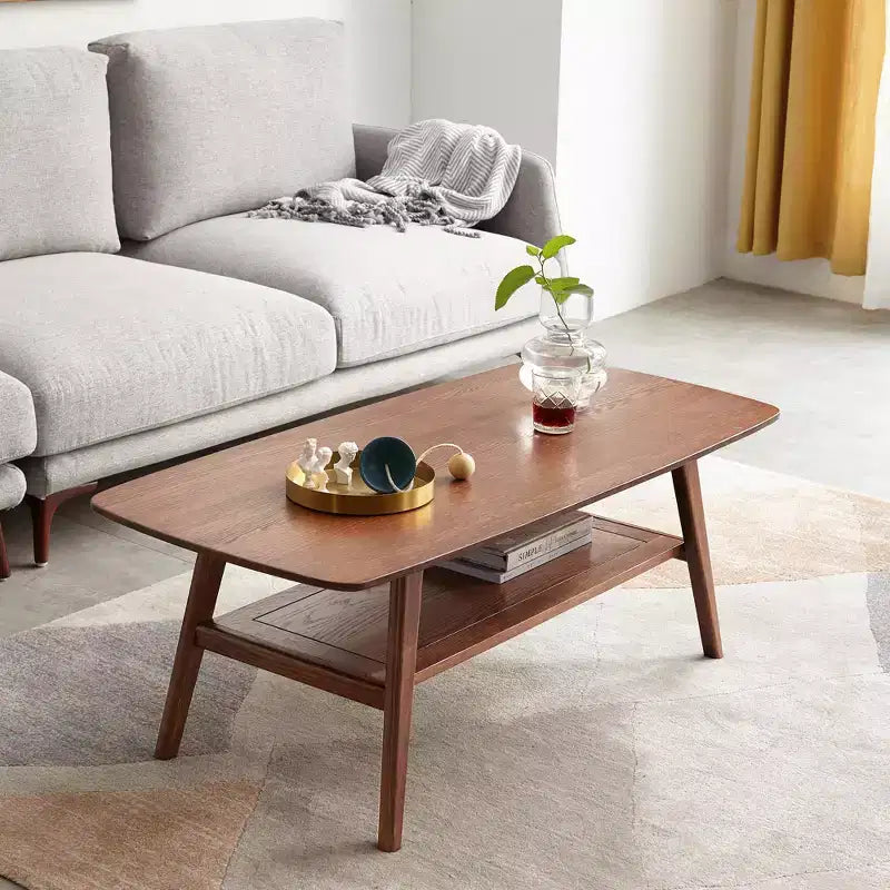   Modern Solid Oak Wood Rectangle Coffee Table With Storage Shelf
