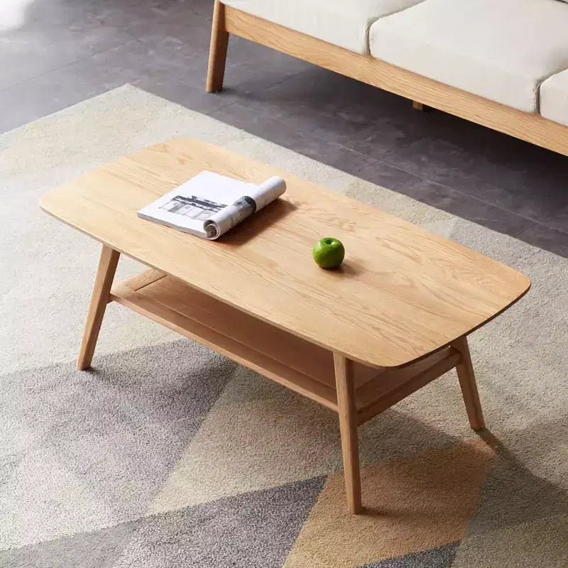 Table basse rectangulaire moderne en chêne massif avec étagère de rangement