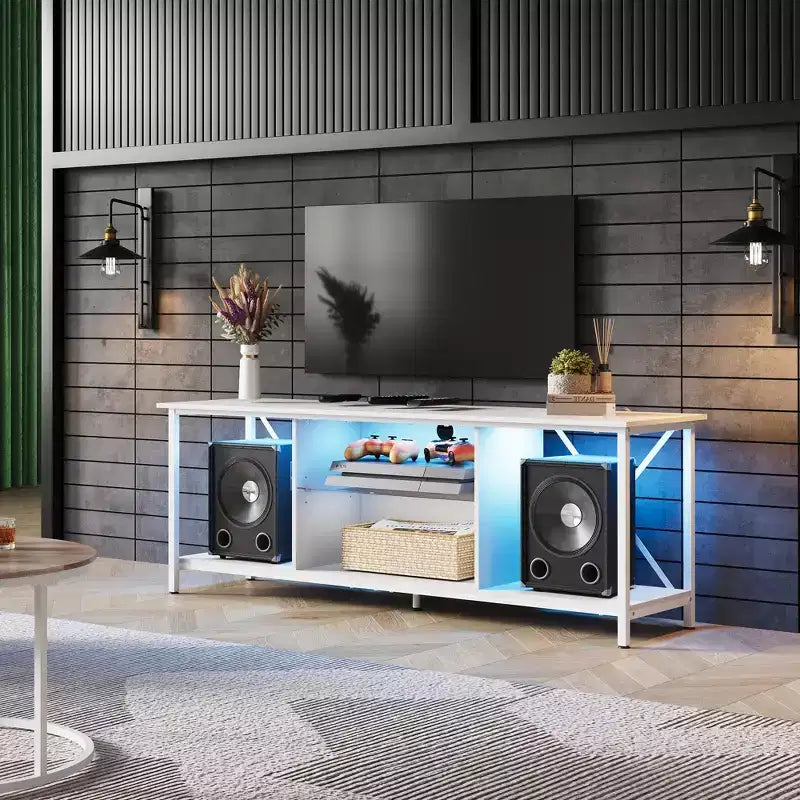 Meuble TV de 55" pour téléviseur de 65 pouces, meuble de divertissement industriel avec lumières LED et étagère en verre, console TV pour salon/chambre
