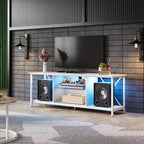 Meuble TV de 55" pour téléviseur de 65 pouces, meuble de divertissement industriel avec lumières LED et étagère en verre, console TV pour salon/chambre