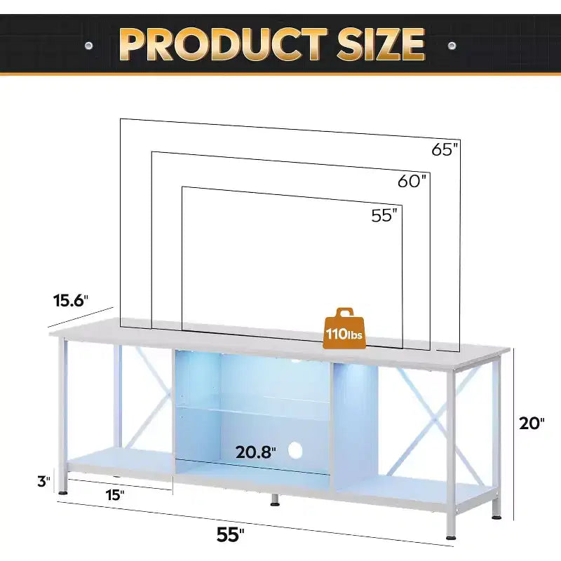 Meuble TV de 55" pour téléviseur de 65 pouces, meuble de divertissement industriel avec lumières LED et étagère en verre, console TV pour salon/chambre
