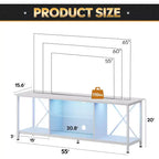 Meuble TV de 55" pour téléviseur de 65 pouces, meuble de divertissement industriel avec lumières LED et étagère en verre, console TV pour salon/chambre