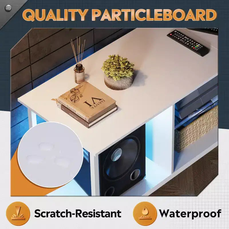Meuble TV de 55" pour téléviseur de 65 pouces, meuble de divertissement industriel avec lumières LED et étagère en verre, console TV pour salon/chambre