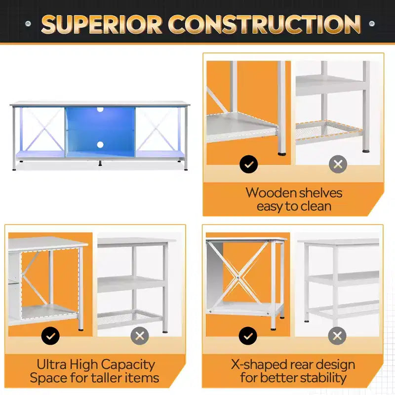Meuble TV de 55" pour téléviseur de 65 pouces, meuble de divertissement industriel avec lumières LED et étagère en verre, console TV pour salon/chambre